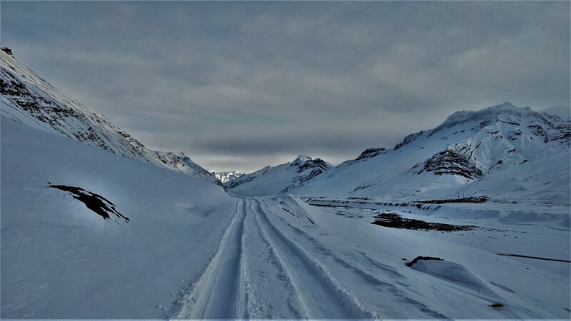 Snow covered road near Tabo Spiti valley