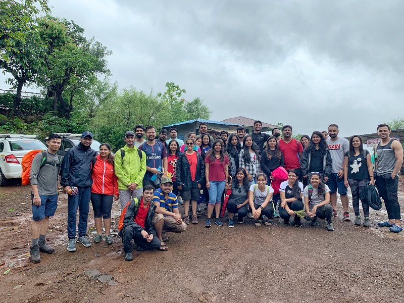The group of 40 trekkers at Devkund Waterfall trek