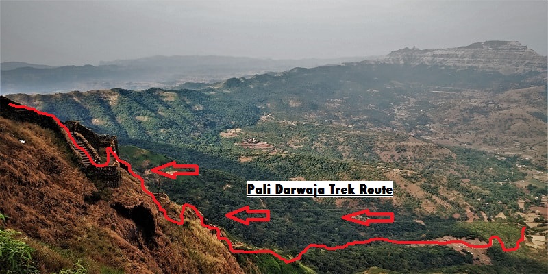 Trek route from base to Pali Darwaja on Rajgad Fort Trek
