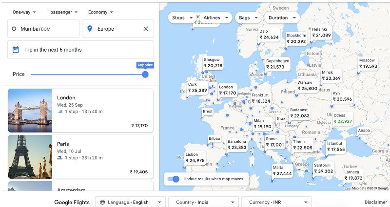 google flights india europe
